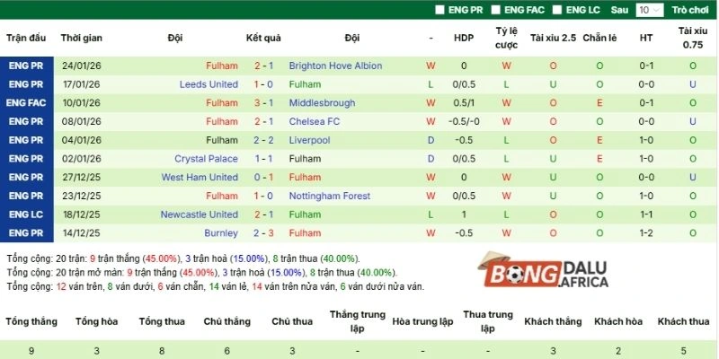 Phong độ ra sân của Fulham